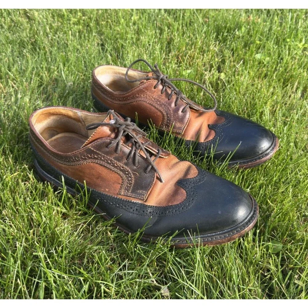 Frye Wingtip Leather Shoes Brown Black Two Tone Mens Size 10D John A Frye